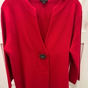 JM Collection Vibrant Red Open Front Cardigan with Jewel Button Embelishment